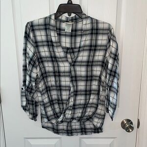 Black & White Plaid Shirt V neck wrap top
